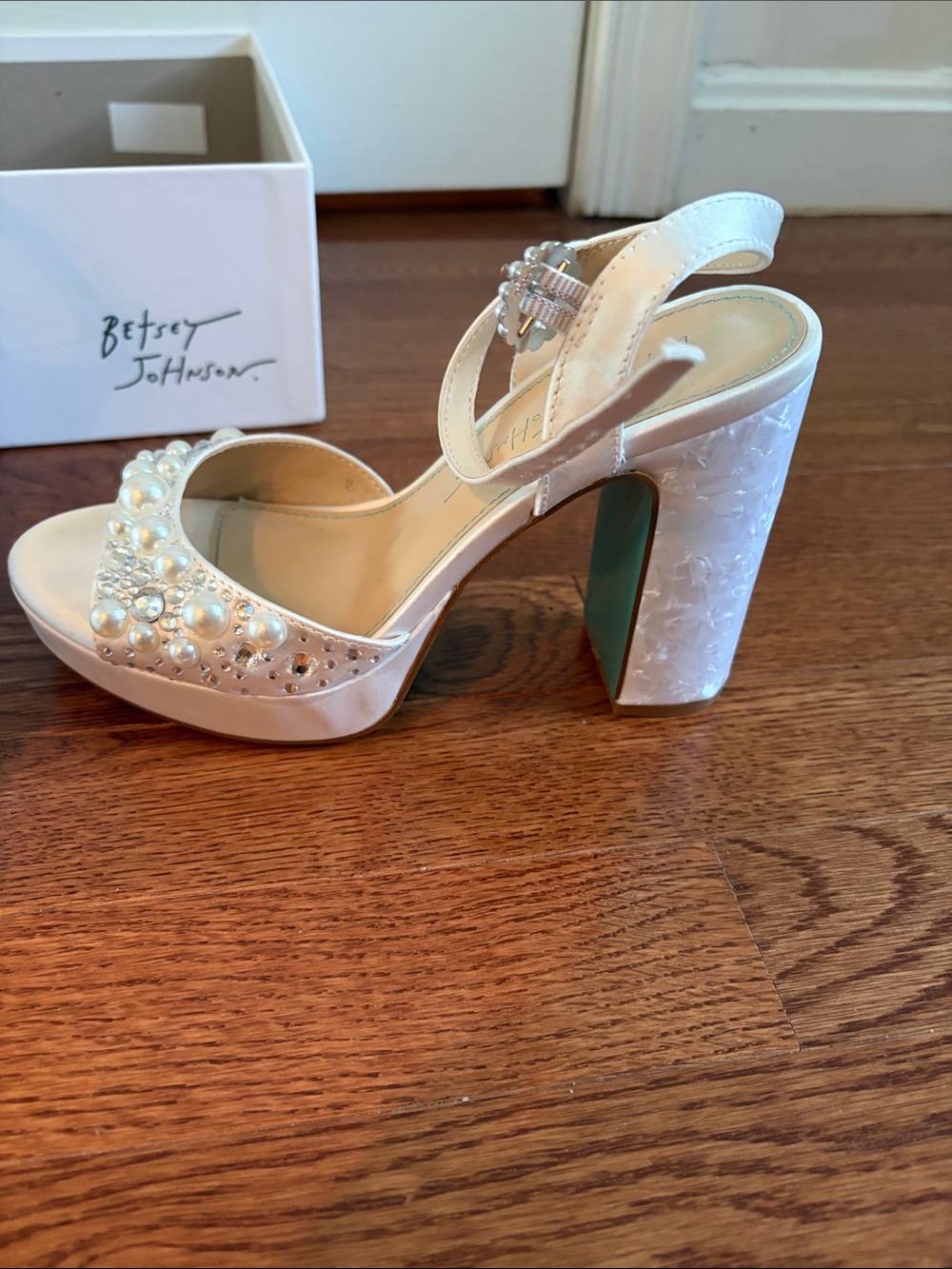 Betsey Johnson Cream Pearl & Crystal Ankle Strap Heels - Picture 2 of 3